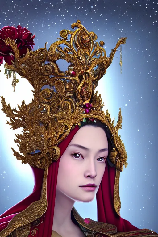 Image similar to a beautiful empress portrait, with a brilliant, impossible striking big Christmas headpiece, clothes Santa robes, everything Christmas, snow, symmetrical, dramatic studio lighting, rococo, baroque, greens, asian, hyperrealism, closeup, D&D, fantasy, intricate, elegant, highly detailed, digital painting, artstation, octane render, 8k, concept art, matte, sharp focus, illustration, art by Artgerm and Greg Rutkowski and Alphonse Mucha