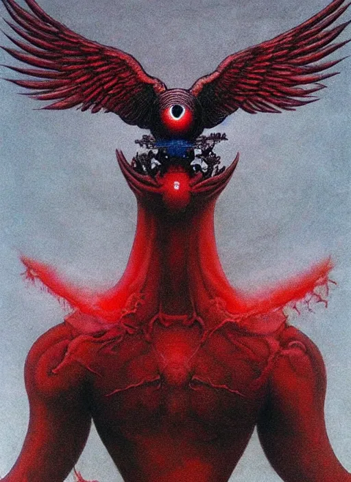 Image similar to front view of spirit of chthonic demonic pigeon with red eyes and dark grey wings, on background red like hell, highly detailed, art by Ayami Kojima, Beksinski, Giger, Beeple