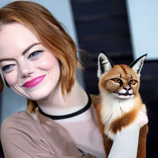 Image similar to Emma Stone holding a cute caracal