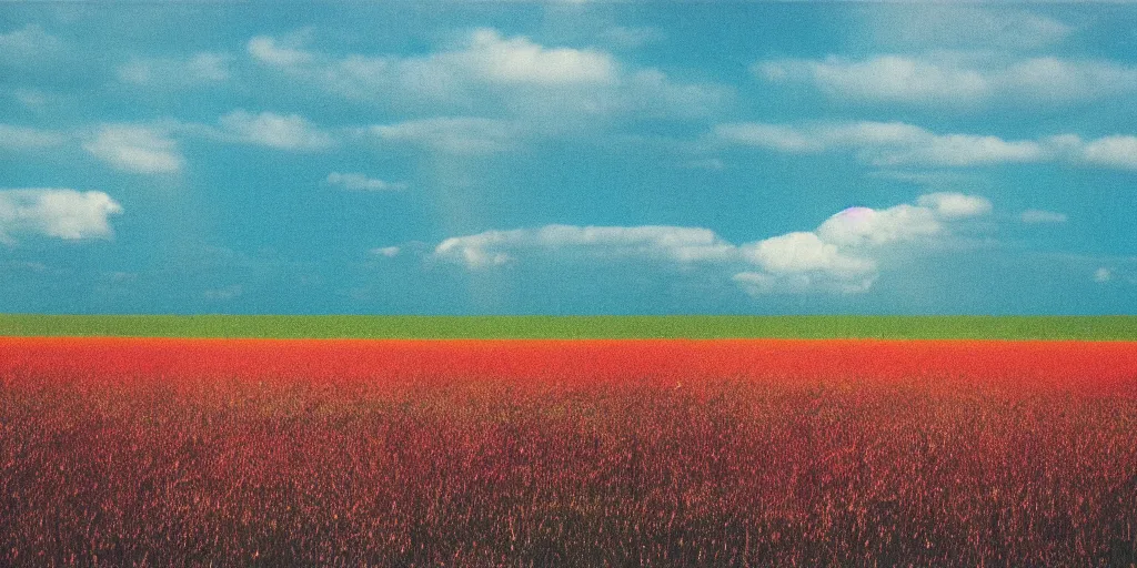 Prompt: analog photo of a rainbow in a field, bright colors, clouds, blue sky, color bleed, slight fade, scratched photo