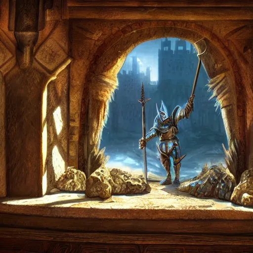 Image similar to knight, fantasy art, located in a castle, legendary spiky armor, morning sunlight through the window, decorated, high quality, highly detailed, 4 k