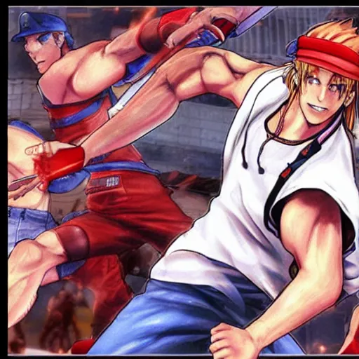 Prompt: Terry Bogard from King of Fighters, SNK official art, Fatal Fury