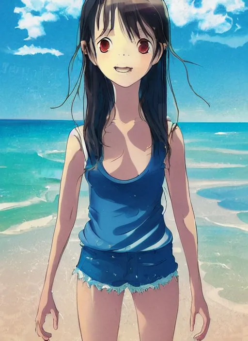 Image similar to girl at a beach, happy, beautiful, finely detailed, made by ross tran, studio ghibli, full body portrait, illustration, shinny water, shinny sand, sunny, anime, front view, perfect anime face, realistic face, zoomed out, smooth, blue eyes, high waisted shorts, sharp focus