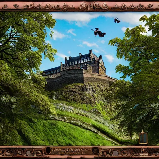 Image similar to a beautiful digital graphics design portrait of Edinburgh castle in Edinburgh. Edinburgh gardens overgrown with plants, caledonian forest, matte painting, fantasy art, highly detailed