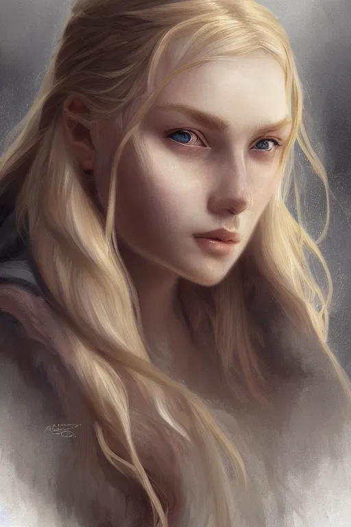 Image similar to Close-up portrait of young nordic girl, long blonde hair, dark fantasy, portrait, highly detailed, digital painting, artstation, concept art, sharp focus, illustration, art by artgerm and greg rutkowski and alphonse mucha