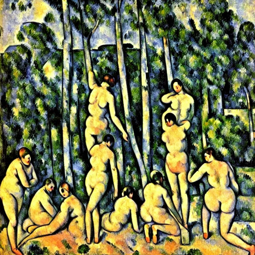 Image similar to the bathers with kangaroo. a oil painting by paul cezanne