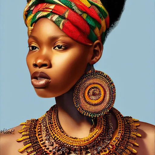 Image similar to A masterpiece portrait of a Incredibly beautiful African girl albino model. With big bright African jewelry. In African clothes. Vogue. trending on artstation, digital art, by Stanley Artgerm Lau, WLOP, Rossdraws, James Jean, Andrei Riabovitchev, Marc Simonetti, Yoshitaka Amano