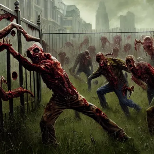 Prompt: zombies try to take down a fence, realistic, 8 k, extremely detailed, cgi, trending on artstation, hyper - realistic render, 4 k hd wallpaper, premium prints available, by greg rutkowski