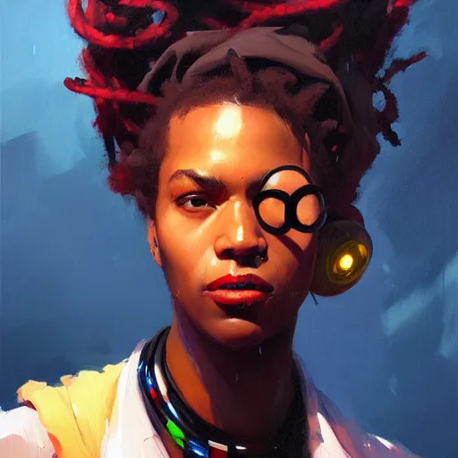 Image similar to Greg Manchess portrait painting of an afropunk hacker character, medium shot, asymmetrical, profile picture, Organic Painting, dark dramatic evening, rainy, matte painting, bold shapes, hard edges, street art, trending on artstation, by Huang Guangjian and Gil Elvgren and Sachin Teng