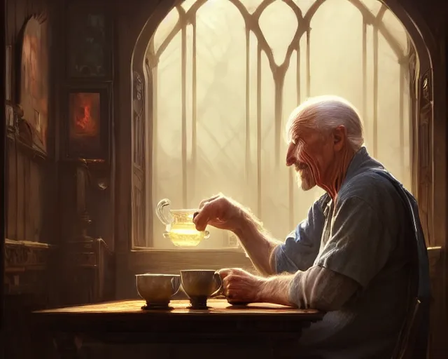 Image similar to a tired old man drinking tea, deep focus, d & d, fantasy, intricate, elegant, highly detailed, digital painting, artstation, concept art, matte, sharp focus, illustration, hearthstone, art by artgerm and greg rutkowski and alphonse mucha