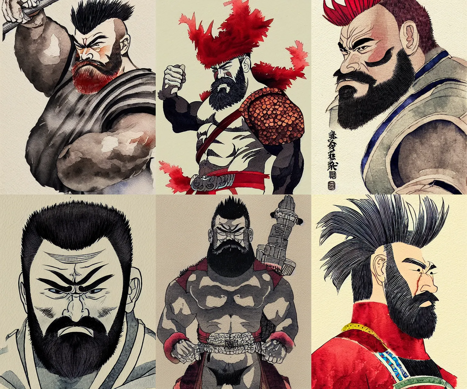 Prompt: woodblock portrait of zangief daimyo, beautiful details, artstation, watercolor and ink artwork by sawaki takeyasu