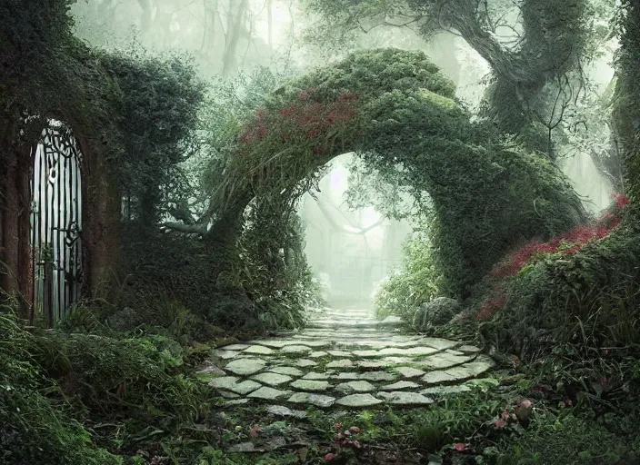 Image similar to secret garden, pathway, stairs, spooky, dark, in the style of pan's labyrinth movie, concept art, unreal engine 5, matte painting, artstation, caspar friedrich, wlop