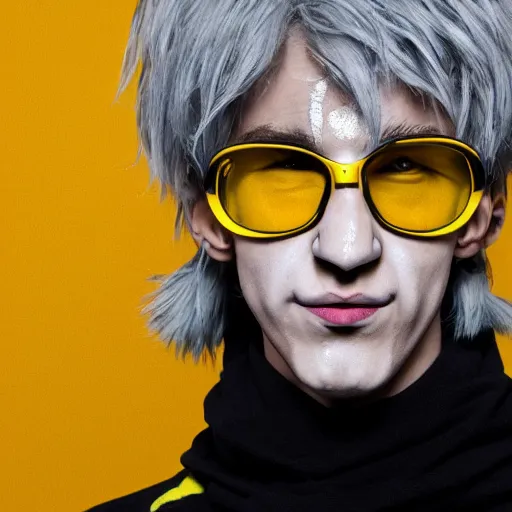 Image similar to xqc as a homestuck troll, gray skin, yellow horns, detailed portrait