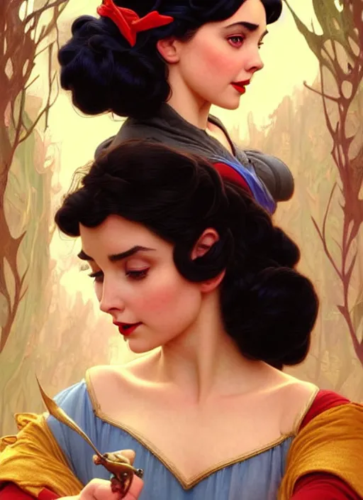 Image similar to disney snow white ( ( ana de armas ) ), dreamscape, girl, masterpiece, intricate, elegant, highly detailed, my rendition, digital painting, artstation, concept art, smooth, sharp focus, illustration, art by artgerm and greg rutkowski and alphonse mucha and uang guangjian and gil elvgren and sachin teng, symmetry!!