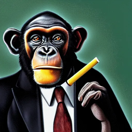 Image similar to a high detail portrait of a chimp wearing a suit 👔,and smoking🚬