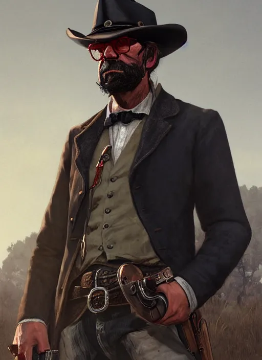 Prompt: highly detailed portrait of a man with a grey beard wearing a bowler and glasses, determined. red dead redemption art, unreal engine, fantasy art by greg rutkowski