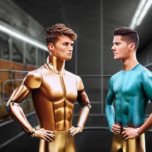 Image similar to a realistic detailed photo of a guy who is an attractive humanoid who is half robot and half humanoid, who is a male android, attractive and handsome soccer players, shiny skin, posing like a statue, blank stare, in a factory, on display, showing off his muscles, gold soccer shorts, side view, looking at each other mindlessly