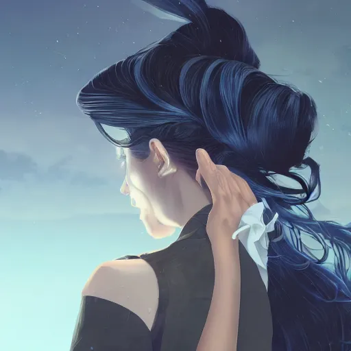 Image similar to low - angle shot from behind of a long blue - haired girl in a tailcoat overlooking noxus, noir, screenshot, sharp focus, intricate, illustration, cell shaded, digital painting, highly detailed, straight hair, art by ilya kuvshinov, wlop, greg rutkowski, studio quality, james jean