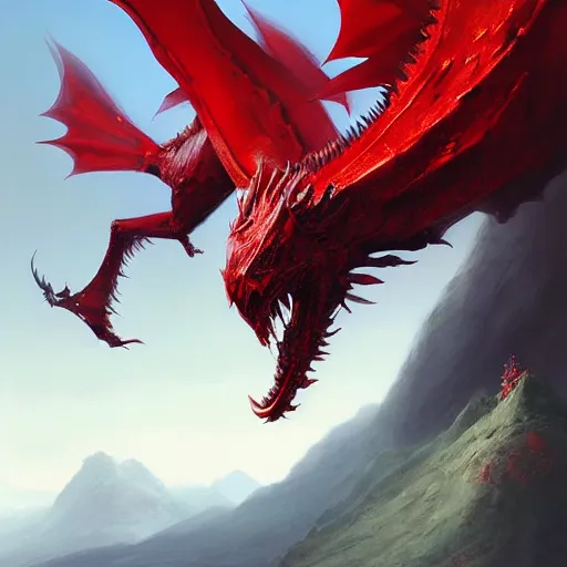 Image similar to A red Wyvern standing with mountains in background, oil painting, detailed, high fantasy, by Ruan Jia and Mandy Jurgens