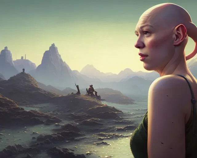 Image similar to highly detailed portrait of lea seydoux as a bald elf, in gta v, stephen bliss, unreal engine, fantasy art by greg rutkowski, loish, rhads, ferdinand knab, makoto shinkai and lois van baarle, ilya kuvshinov, rossdraws, tom bagshaw, global illumination, radiant light, detailed and intricate environment