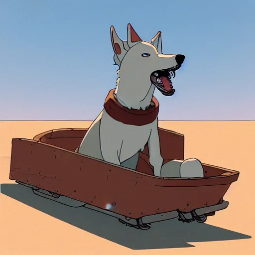 Prompt: a study of cell shaded cartoon of a grey robot sled dog from howl's moving castle ( 2 0 0 4 ) on a desert road, full body, wide shot, very muted colors, post grunge, studio ghibli, laurie greasley, highly detailed, deviantart, art by artgem