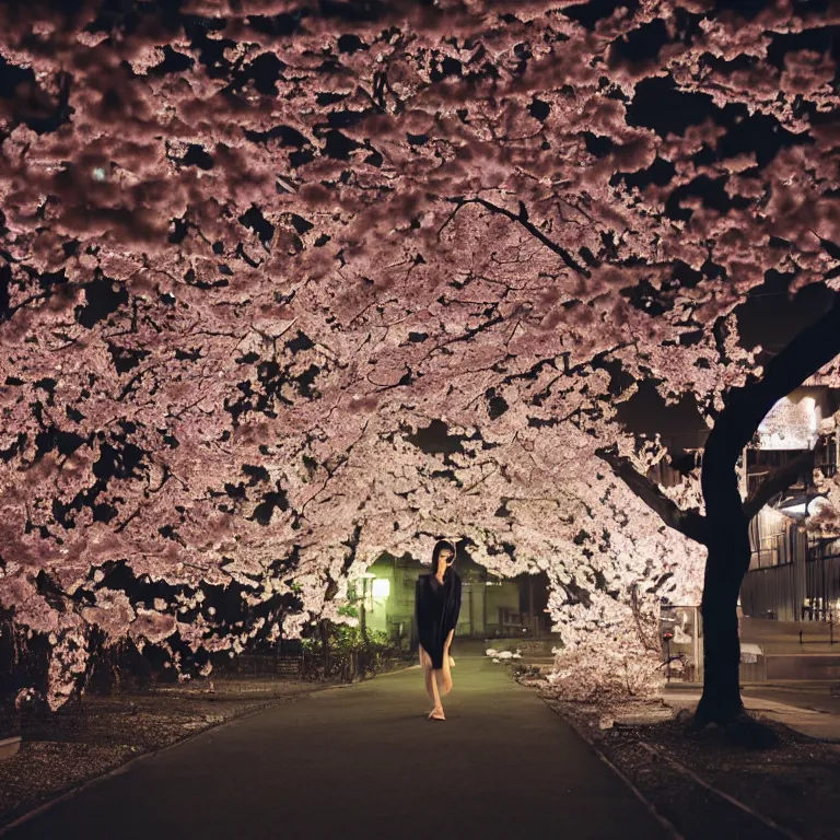 Prompt: a dramatic colorful fujifilm photograph of the silhouette of a young japanese girl standing in the middle of a tranquil desolate moonlit tokyo street with paper lanterns and sparsely lined with blossoming ornamental cherry trees.