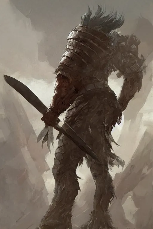 Image similar to a giant warrior in hide leather armor holding an axe, leaning against an ax, hatchet!!! concept art in style of Greg Rutkowski, painted by Frank Frazetta, John Singer Sargant