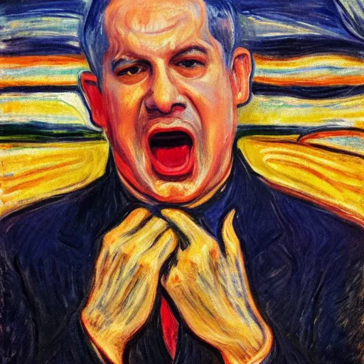 Image similar to portrait of benjamin netanyahu screaming on a bridge, hands on face, sunset, by edvard munch