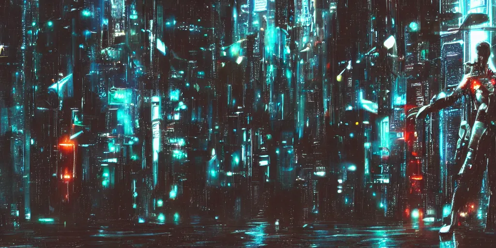 Image similar to cyberpunk statue, rain, space
