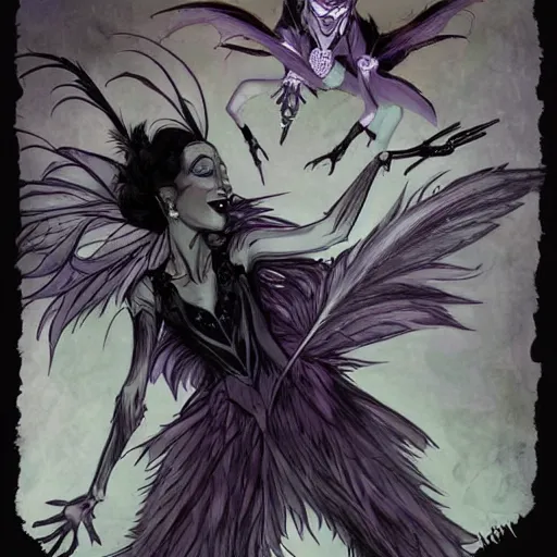 Image similar to Anna Pavlova as dark fae gothic atompunk evil Disney villain queen with black feather hair, feathers growing out of skin, in front of space station window, Mike mignola, trending on artstation, comic book cover, illustration