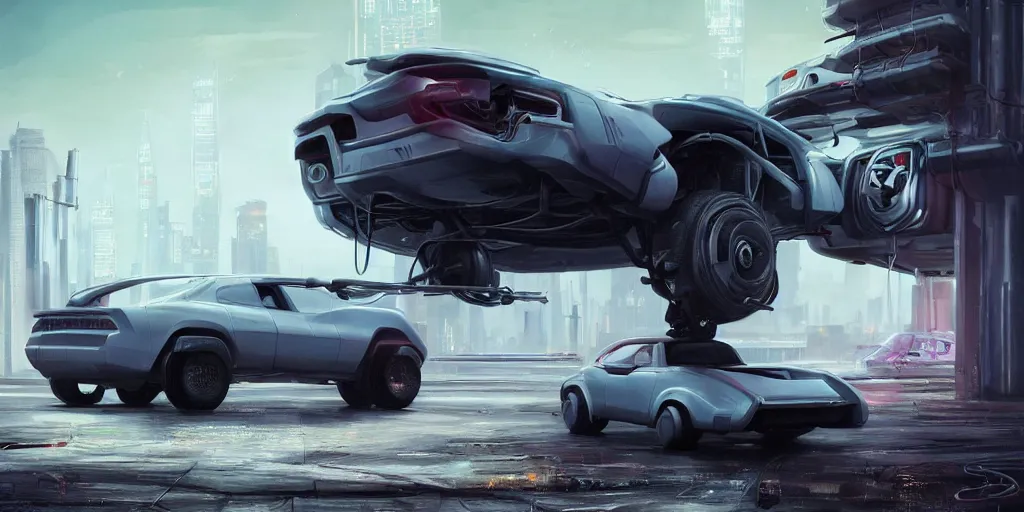 Prompt: vehicles car design, hard surface, futuristic , cyberpunk, simon stalenhag, muscle car , hover