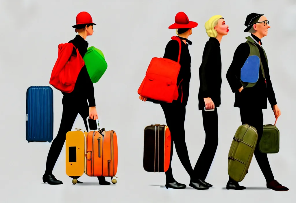 Prompt: full body portrait of a duo of european tourists autumn travel apparel, various poses walking and carrying luggage, character designs painting, in the style of wes anderson, rene magritte, lola dupre, david hockney, isolated on white background, dark monochrome neon spraypaint accents volumetric octane render