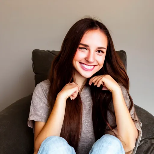 Image similar to a cute young woman smiling, long shiny bronze brown hair, full round face, green eyes, medium skin tone, light cute freckles, smiling softly, wearing casual clothing, relaxing on a modern couch, interior lighting, cozy living room background, medium shot, mid-shot, soft focus