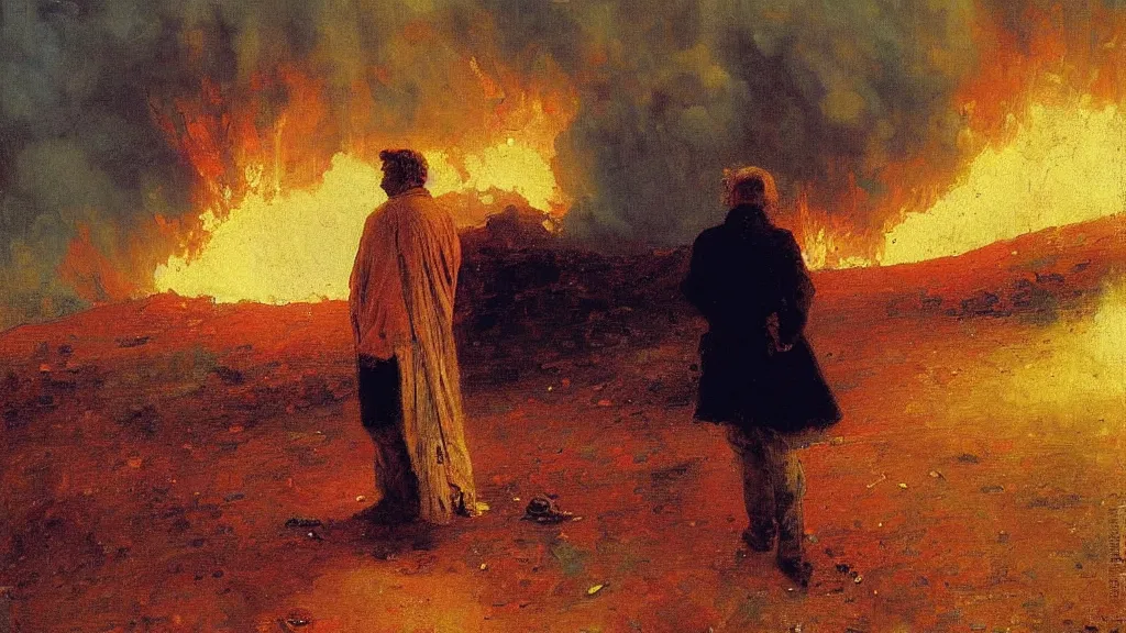 Image similar to high quality high detail painting by ilya repin, man standing in front of huge explosion, hd