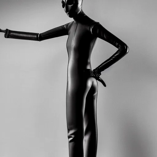 Image similar to fashion photography of a genderless deformed alien model, wearing a black catsuit, full body, photo 3 5 mm leica, hyperdetail, berghain, 8 k, very detailed, black and white