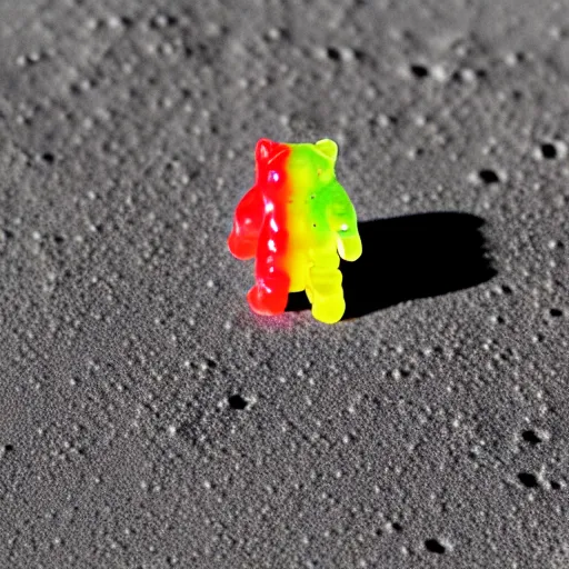 Image similar to a gummy bear walking on the moon staring back at a tiny earth, photorealistic, 5 5 mm, 1 6 k details, hyperrealist