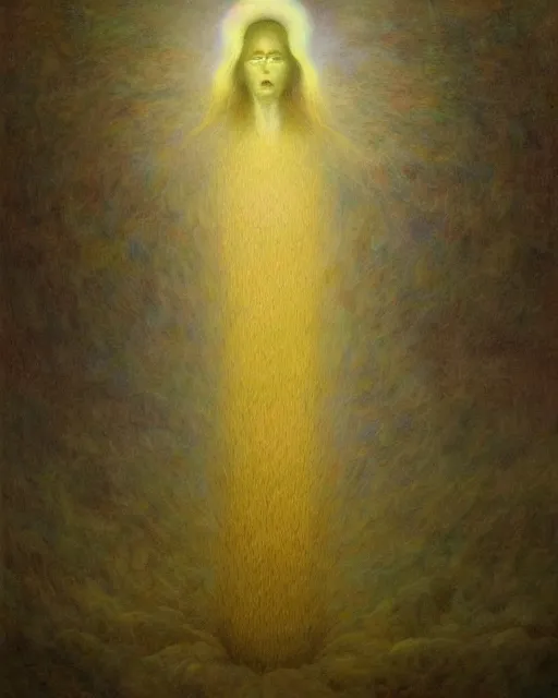 Prompt: etheric transfiguration, beautiful oil painting by Agostino Arrivabene and Zdzisław Beksiński,