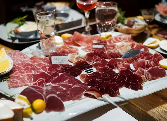 Image similar to underwater photo still of a great white shark looking at a charcuterie platter, 8 k