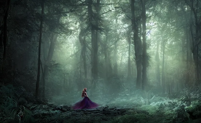 Image similar to a joyful fairy princess, in a dark forest, telephoto, cool tones, underexposed, overecast, mysterious matte painting by greg rutkowski and marc simonetti and ivan shishkin, 4 k