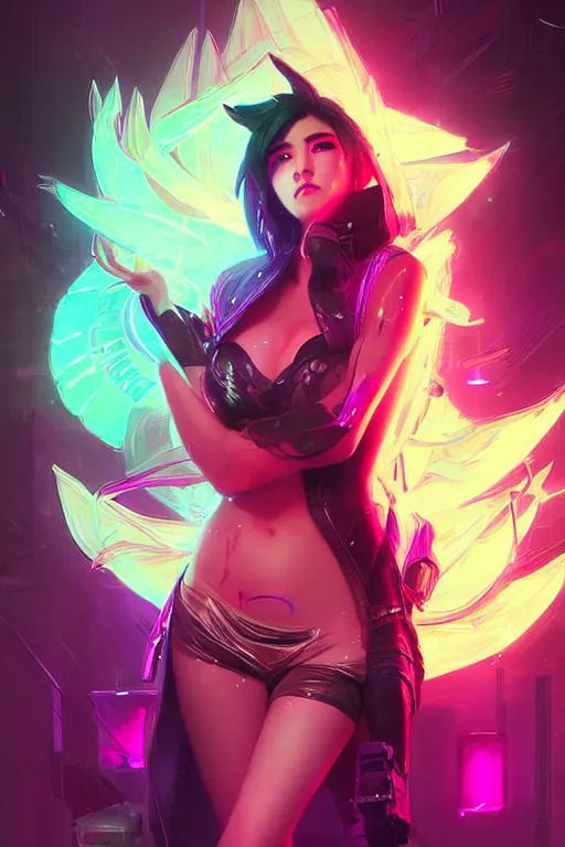 Image similar to ahri from league of legends, cyberpunk futuristic neon. decorated with traditional japanese ornaments by ismail inceoglu dragan bibin hans thoma greg rutkowski alexandros pyromallis nekro rene maritte illustrated, perfect face, fine details, realistic shaded, fine - face, pretty face, masterpiece
