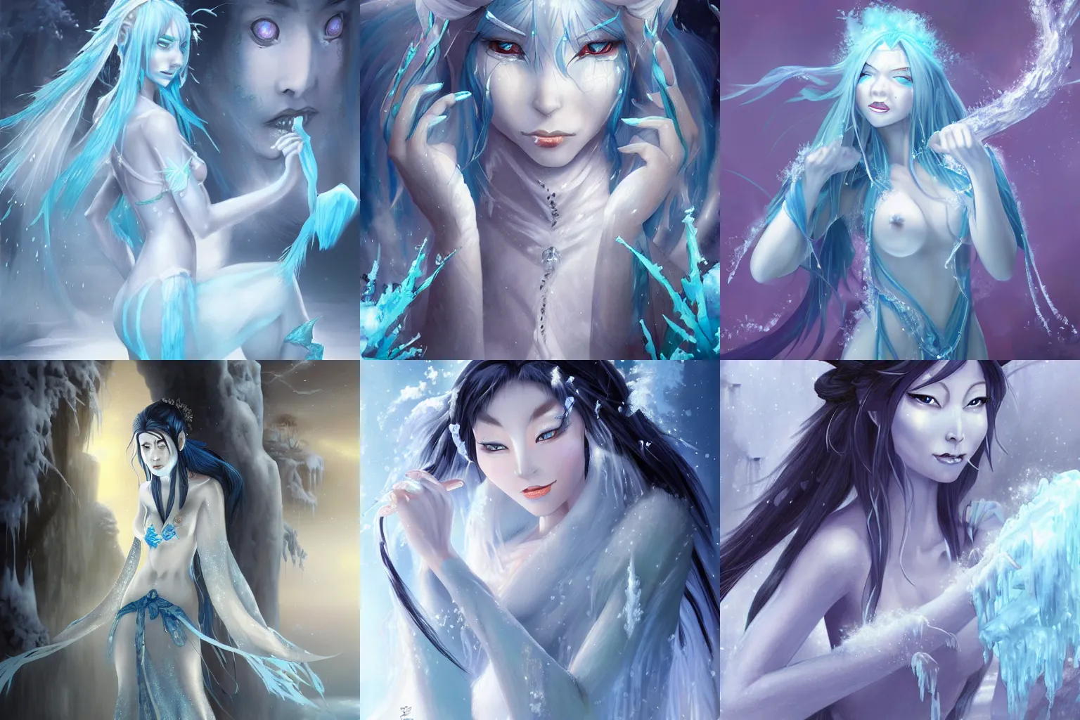 Prompt: Yuki Onna, The Ice Woman, Fantasy Illustration by Tony Sart, Trending on artstation