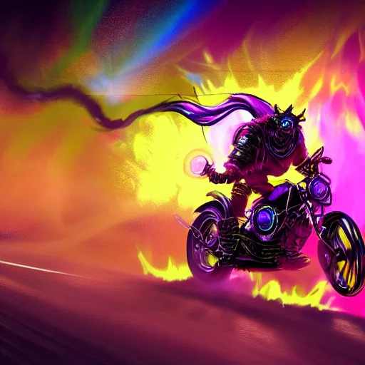 Image similar to psychedelic blacklight neon airbrush artwork, motorcycle, hyper stylized action shot of an orc popping a wheelie on a motorcycle, menacing orc, clear focused details, soft airbrushed artwork, black background, apocalyptic, cgsociety, artstation, peter lloyd art, peter palombi art