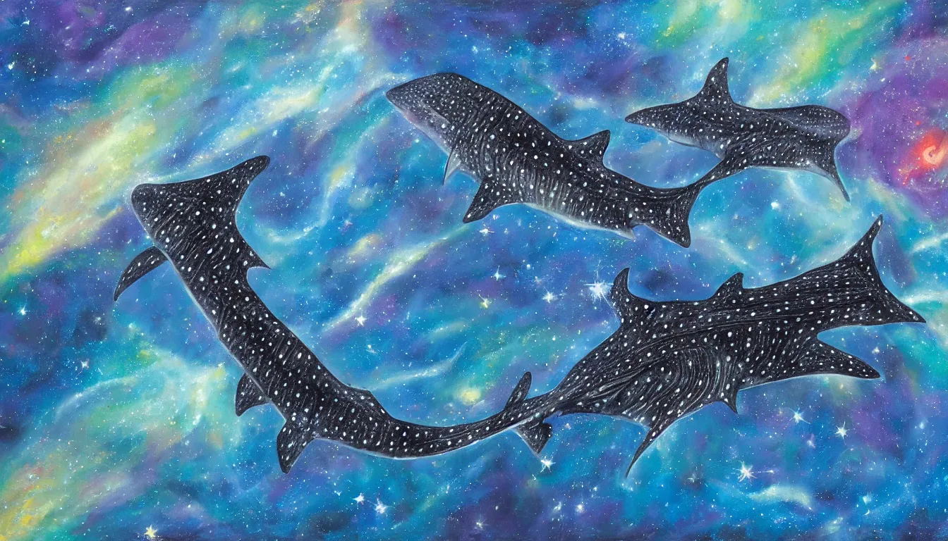 Prompt: oil painting of one whale shark flying in front of a colorful swirling galaxy, shimmering stars, milky way