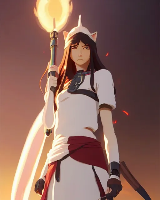 Prompt: azctec warrior, cat girl, finely detailed perfect face, exquisite details, fire magic, mid view, design on a white background, by studio muti, greg rutkowski makoto shinkai takashi takeuchi studio ghibli