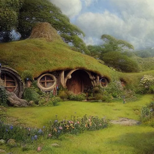 Image similar to beautiful serene hobbiton, by alan lee, lord of the rings, smooth, detailed terrain, oil painting, matte painting concept art, trending on art station