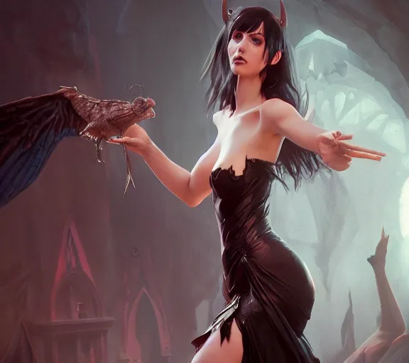 Image similar to morrigan aenslandcasting magic, a charming succubus, strapless dress, fantasy, d & d, by greg rutkowski and raymond swanland, sharp focus, trending on artstation, 8 k realistic digital art, cryengine, symmetric, sharp focus, concept art, frostbite 3 engine