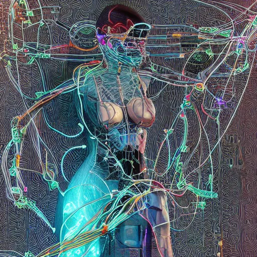 Image similar to a beautiful body of a pilot woman partially made of wires and electronic circuits, an ultrafine detailed illustration by james jean, final fantasy, intricate linework, bright colors, behance contest winner, vanitas, angular, altermodern, unreal engine 5 highly rendered, global illumination, radiant light, detailed and intricate environment