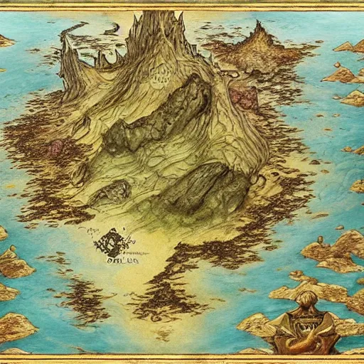 Prompt: simple fantasy map, the land of Odrua, several continents, world of Lute, by JRR Tolkien and Brian Froud, Vatican Map Room, fantasy concept painting, Magic The Gathering Art, trending on art station, showing kingdoms, oceans, continents, vast seas, open plains, thin baroque frame border