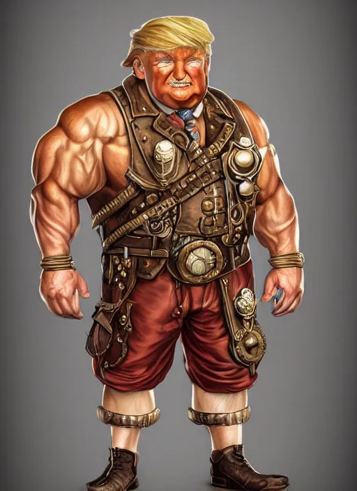 Prompt: steampunk dwarf donald trump is a muscular bodybuilder, au naturel, hyper detailed, digital art, trending in artstation, cinematic lighting, studio quality, smooth render, unreal engine 5 rendered, octane rendered, art style by klimt and nixeu and ian sprigger and wlop and krenz cushart.