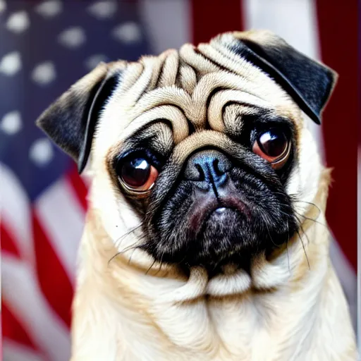 Prompt: a pug president of the usa. in the oval. formal. beautiful. high resolution. highly realistic. close - up.